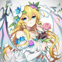 Rule 34 | 1girl, black flower, black tulip, blonde hair, breasts, cleavage, dress, flower, freyja (p&amp;d), green eyes, hair flower, hair ornament, highres, kozakura (dictionary), large breasts, long hair, long sleeves, looking at viewer, off-shoulder dress, off shoulder, parted lips, pink flower, pink rose, purple flower, puzzle &amp; dragons, rose, smile, solo, tulip, upper body, white dress, white flower, wings