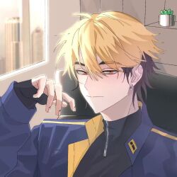1boy black_hair black_shirt blonde_hair blue_jacket bookshelf chair chinese_commentary closed_mouth earrings hair_between_eyes hand_up indoors jacket jewelry long_sleeves looking_at_viewer male_focus multicolored_hair orange_eyes shiguang_dailiren shirt short_hair shoushoushangzhongbudabao sitting sleeves_past_wrists smile solo turtleneck two-tone_hair upper_body window xia_fei zipper