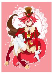 Rule 34 | 1girl, androgynous, animal ear fluff, animal ears, animal shoes, ascot, boots, border, bow, brooch, brown ascot, brown choker, brown corset, brown hat, buttons, chocolate, choker, closed mouth, collarbone, corset, crossed legs, cure chocolat, dog ears, dog girl, dog tail, dripping, earrings, extra ears, eyelashes, food-themed clothes, full body, fur-trimmed boots, fur-trimmed shirt, fur trim, gloves, hair between eyes, hand on own knee, happy, hat, heart, heart print, high heel boots, high heels, jewelry, juliet sleeves, kenjou akira, kirakira precure a la mode, lace, large tail, long sleeves, miniskirt, multicolored hair, pink bag, pleated skirt, precure, puffy sleeves, red background, red boots, red bow, red eyes, red hair, red shirt, red shorts, shirt, short hair, shorts, shorts under skirt, sitting, skirt, sleeve cuffs, smile, solo, sparkle, stiletto heels, streaked hair, swept bangs, tail, thighhighs, top hat, tsurime, two-tone ascot, two-tone bag, two-tone hair, vertical-striped sleeves, waist bag, waist bow, white border, white gloves, white sleeve cuffs, white thighhighs, yellow ascot, yellow bag, yellow skirt, yosikawayuzu