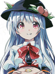 &gt;:) 2girls =_= bad_id bad_pixiv_id bird black_headwear blue_hair blush bow c: collared_shirt commentary doyagao dress_shirt drooling fa_no_hito food food_on_head fruit fruit_on_head hair_between_eyes hat hat_ornament hinanawi_tenshi leaf_hat_ornament light_smile long_hair looking_at_viewer multiple_girls nagae_iku object_on_head open_mouth peach peach_hat_ornament puffy_short_sleeves puffy_sleeves raised_eyebrows red_eyes shirt short_sleeves simple_background smile smug teeth touhou translated triangle_mouth v-shaped_eyebrows very_long_hair when_you_see_it white_background white_shirt