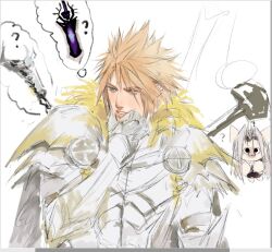 2boys :3 ? alternate_costume armor blonde_hair blue_eyes cape cat chibi chibi_inset chinese_commentary cloud_strife commentary cuirass final_fantasy final_fantasy_vii full_armor fur_trim furrification furry gauntlets grey_cape grey_hair gx8439440115311 hair_intakes hand_on_own_chin hand_up long_bangs long_hair looking_at_viewer looking_to_the_side male_focus multiple_boys parted_bangs parted_lips pauldrons sephiroth short_hair shoulder_armor sketch speech_bubble spiked_hair sword sword_on_back thinking thought_bubble weapon weapon_on_back white_background yellow_fur
