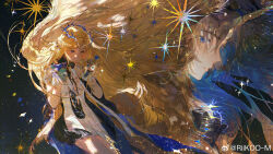 2girls absurdres black_dress blonde_hair blue_eyes blue_hair cartethyia_(wuthering_waves) chinese_commentary closed_mouth commentary_request crown_of_thorns dress dual_persona earrings fleurdelys_(wuthering_waves) highres horns jewelry long_hair looking_at_viewer multiple_girls pointy_ears riko-m single_horn smile sock_puppet tabard tacet_mark_(wuthering_waves) thighs very_long_hair white_tabard wuthering_waves yellow_horns