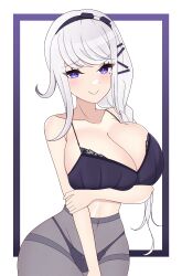 1girl blush border breasts breasts_squeezed_together closed_mouth esttea female_focus highres huge_breasts kirifuji_nozomi lingerie long_hair purple_border purple_eyes simple_background smile solo solo_focus the_hundred_line_-last_defense_academy- underwear white_hair