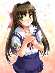 Rule 34 | 00s, 1boy, brown hair, clannad, crossdressing, green eyes, long hair, male focus, miyai sen, school uniform, shima katsuki, solo, trap