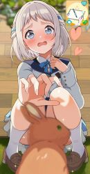 1girl blue_eyes blue_ribbon blurry blurry_foreground blush braid commentary_request crouching_start foreshortening from_below gakuen_idolmaster gameplay_mechanics grey_hair hair_ribbon half_up_braid hatsuboshi_gakuen_school_uniform heart heart_in_eye idolmaster jacket katsuragi_lilja loafers looking_at_animal neck_ribbon outstretched_hand peanut_mouth rabbit reaching ribbon ribbon_braid school_uniform shirt shoes short_hair skirt socks solo sparkle squatting symbol_in_eye white_jacket white_shirt white_socks