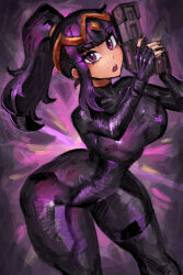 Rule 34 | 1girl, ass, black hair, bodysuit, breasts, fingerless gloves, fire emblem, fire emblem awakening, gloves, gun, heart, large breasts, looking at viewer, metroid, nintendo, ponytail, purple eyes, saiykik, samus aran, samus aran (cosplay), teeth, tharja (fire emblem), upper teeth only, weapon