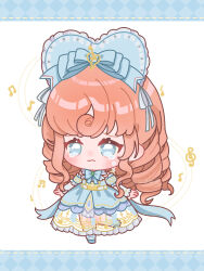 1girl ankle_ribbon argyle_border argyle_clothes argyle_sleeves back_bow blue_bonnet blue_border blue_bow blue_bowtie blue_dress blue_eyes blue_ribbon blue_shoes blue_sleeves blush bonnet border bow bowtie chibi chinese_commentary closed_mouth commentary_request crying crying_with_eyes_open curly_hair detached_sleeves dotted_line dress drill_hair eyelashes fortissimo frilled_dress frilled_headwear frilled_sleeves frills frown gown hair_bow hair_ornament hair_ribbon highres infinity_nikki knees layered_sleeves leg_ribbon letterboxed long_dress long_hair long_sleeves looking_at_viewer musical_note musical_note_hair_ornament musical_staff nikki_(series) orange_hair puffy_short_sleeves puffy_sleeves ribbon see-through_clothes see-through_dress shendu_youyu shoes short_over_long_sleeves short_sleeves sidelocks sleeves_past_wrists socks solo standing strapless strapless_dress teardrop tears timeless_melody_(infinity_nikki) treble_clef very_long_hair wavy_hair wavy_mouth white_background white_ribbon white_sleeves white_socks