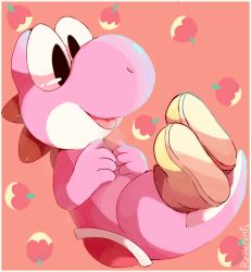 :p artist_name berry black_eyes boots colored_skin commentary dinosaur hands_on_own_chest mario_(series) nintendo no_humans orange_background pink_skin pink_yoshi purpleninfy saddle tail tongue tongue_out yoshi