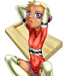 arms_behind_head blonde_hair blue_eyes boots boro breasts chat_(tales) cutting_board earrings flat_chest forehead forehead_jewel hoop_earrings jewelry red_shirt shirt short_hair shorts small_breasts spread_legs tales_of_(series) tales_of_eternia very_short_hair white_background white_boots yellow_shorts