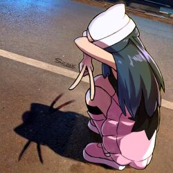1girl arms_up artist_name bare_legs boots cat_shadow_puppet_(meme) dawn_(pokemon) full_body meme nintendo outdoors pink_boots pink_skirt pokemon pokemon_dppt road shadow siczak signature skirt solo squatting street