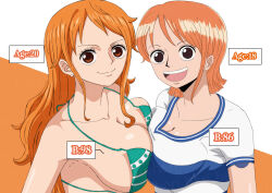 2girls :d absurdres age_comparison asymmetrical_docking bikini breast_press breasts brown_eyes cleavage closed_mouth collarbone dual_persona earrings english_text green_bikini hari_official highres jewelry large_breasts long_hair looking_at_viewer measurements multiple_girls nami_(one_piece) nami_(one_piece)_(east_blue) nami_(one_piece)_(return_to_sabaody) one_piece open_mouth orange_hair shirt short_hair simple_background size_comparison smile stud_earrings swimsuit teeth time_paradox upper_teeth_only v-neck very_long_hair white_shirt