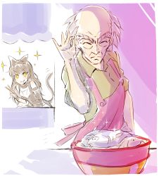 1boy 1girl apron black_hair blake_belladonna cat_tail chopsticks closed_eyes drooling highres iesupa meme rwby salt salt_bae_(meme) shopkeeper_(rwby) sparkle tail tuna yellow_eyes