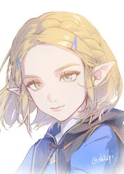 Rule 34 | 1girl, absurdres, blonde hair, closed mouth, green eyes, hair ornament, hairclip, highres, looking at viewer, nintendo, pointy ears, portrait, princess zelda, qi buge, short hair, simple background, solo, the legend of zelda, white background