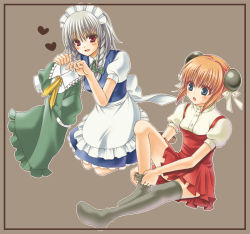2girls crossover gintama izayoi_sakuya kagura_(gintama) maid multiple_girls nia nia_(littlestars) ribbon thighhighs touhou