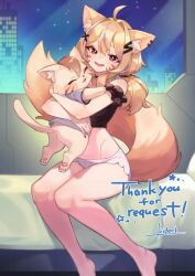 1girl ahoge animal_ear_fluff animal_ears barefoot blonde_hair breasts cat_ears cat_girl cat_tail commentary commission english_commentary english_text facial_mark fangs hug indie_virtual_youtuber long_hair looking_at_viewer medium_breasts midriff multicolored_hair open_mouth pokatto_(squchan) purple_hair red_eyes second-party_source shyrei_faolan sitting skeb_commission streaked_hair tail two-tone_hair virtual_youtuber whisker_markings yau5531