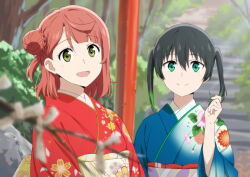 2girls black_hair blunt_bangs blurry blurry_foreground braid braided_bun commentary_request floral_print floral_print_kimono gradient_hair green_eyes green_hair hair_between_eyes hair_bun half_updo japanese_clothes kimono looking_at_viewer love_live! love_live!_nijigasaki_high_school_idol_club medium_hair multicolored_hair multiple_girls new_year omikuji orange_hair outdoors pink_hair print_kimono revision single_side_bun smile streaked_hair swept_bangs takasaki_yu textless_version twintails two-tone_hair uehara_ayumu watanabe_keisuke yellow_eyes