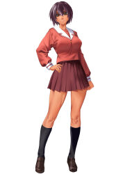 1girl :3 arm_at_side azumanga_daioh&#039;s_school_uniform azumanga_daiou black_socks breasts brown_eyes brown_hair brown_shoes bujiankang clenched_hand closed_mouth commentary contrapposto dark-skinned_female dark_skin hair_between_eyes hand_on_own_hip highres kagura_(azumanga_daioh) kneehighs large_breasts loafers long_sleeves looking_at_viewer neck_ribbon pink_serafuku pink_shirt pleated_skirt red_ribbon ribbon sailor_collar school_uniform serafuku shirt shoes short_hair simple_background skirt smile smug socks solo standing toned toned_female white_background white_sailor_collar winter_uniform