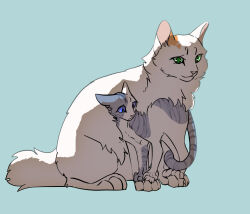 Rule 34 | alternate design, animal, animal focus, baby animal, blue background, blue eyes, cat, claws, commentary, fugu (fugusunburst55), green eyes, highres, ivypool, kitten, mother and daughter, no humans, omen of the stars, scared, short tail, sitting, tail, warrior cats, white cat, whitewing (warrior cats)