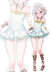1girl absurdres bare_shoulders breasts commentary covered_navel double_frill_skirt_swimsuit fella_(vpffk0731) flower full_body hair_flower hair_ornament highres kokkoro_(princess_connect!) kokkoro_(summer)_(princess_connect!) one-piece_swimsuit pink_eyes pointy_ears princess_connect! sandals short_hair small_breasts solo swimsuit white_hair zoom_layer