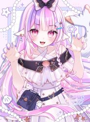 1girl :d animal_ears bag bare_shoulders beads black_bag black_bow blue_nails blush bow braid buckle center-flap_bangs claw_pose collarbone commentary_request commission dot_nose dress earrings fangs fingernails floating_hair frilled_dress frills gold_trim gomafu_rokocha grid_background hair_bow hair_ornament hairpin halter_dress halterneck handbag hands_up heart heart-shaped_buckle heart_hair_ornament heart_in_eye highres indie_virtual_youtuber jewelry long_fingernails long_hair looking_at_viewer mole mole_under_eye multicolored_hair multicolored_nails nail_polish off-shoulder_dress off_shoulder open_mouth otoufu_tea pink_background pink_eyes pink_hair pink_nails pleated_dress purple_hair seal_girl seal_tail seashell shell shell_hair_ornament side_braid sidelocks signature single_earring skeb_commission smile solo star_(symbol) star_hair_ornament starfish symbol_in_eye tail thank_you two-tone_hair very_long_hair virtual_youtuber white_bow white_dress