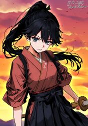 Rule 34 | 1girl, apron, black hair, black hakama, blue eyes, hair between eyes, hair ribbon, hakama, hakama skirt, highres, hisamatomoki, holding, holding sword, holding weapon, houshou (kancolle), japanese clothes, kantai collection, kappougi, long hair, looking at viewer, ponytail, ribbon, shinai, skirt, solo, sword, tasuki, very long hair, weapon