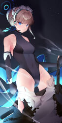 1girl absurdres akinoji_(akiponpon27) black_gloves blue_archive blue_eyes blue_halo blue_ribbon braid breasts bun_cover closed_mouth commentary_request covered_navel elbow_gloves gloves hair_ribbon halo headset highleg highres leotard looking_at_viewer maid maid_headdress ribbon solo tactical_maid toki_(blue_archive) unconventional_maid undressing