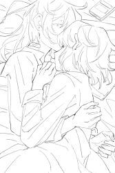 Rule 34 | 2girls, bandaid, bandaid on neck, chinese commentary, closed eyes, commentary request, commission, cuddling, earrings, greyscale, highres, jewelry, lanserongjie, long hair, long sleeves, medium hair, miyagi shiori, monochrome, multiple girls, second-party source, sendai hazuki, shuuniichido classmate wo kau hanashi, stud earrings, under covers, yuri
