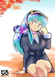 1girl arm_support artist_logo black_jacket black_skirt cone_horns dated formal_clothes green_hair highres horns jacket jirohhb logo long_hair looking_at_viewer lum miniskirt pointy_ears purple_scarf red_eyes scarf sidelocks sitting skirt smile solo suit urusei_yatsura