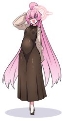 1girl absurdres ahoge alternate_costume blue_archive blue_eyes blush breasts brown_dress dress fang full_body halo heterochromia highres hoshino_(blue_archive) lazy_ant long_hair looking_at_viewer open_mouth pink_hair pink_halo pregnant skin_fang small_breasts smile solo yellow_eyes
