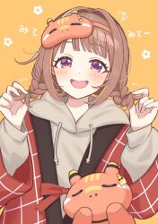 1girl :d akabeko blonde_hair blush braid brown_hair commentary_request drawstring flower_symbol grey_hoodie grid_print hands_up highres holding holding_own_hair hood hood_down hoodie jacket long_hair long_sleeves looking_at_viewer mask mask_on_head multicolored_hair notice_lines official_alternate_costume official_alternate_hairstyle open_mouth puffy_long_sleeves puffy_sleeves purple_eyes red_jacket satumai_m sendo_yuuhi sendo_yuuhi_(2nd_costume) simple_background sleep_mask smile solo streaked_hair twin_braids upper_body virtual_youtuber vspo! white_hair wide_sleeves yellow_background