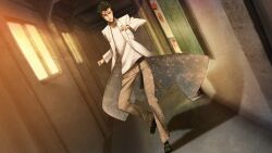 1boy beard_stubble belt black_belt black_hair breast_pocket brown_pants clenched_hands clenched_teeth coat dutch_angle facial_hair floating_clothes game_cg green_slippers grey_eyes hallway highres huke indoors lab_coat lapels leather_belt long_sleeves looking_at_viewer male_focus messy_hair non-web_source notched_lapels official_art okabe_rintarou orange_sky pants parted_lips pocket ringed_eyes serious shirt shirt_partially_tucked_in sky slippers solo square_pupils standing standing_on_one_leg steins;gate steins;gate:_linear_bounded_phenogram stubble sunlight sunset t-shirt teeth v-shaped_eyebrows white_coat white_shirt