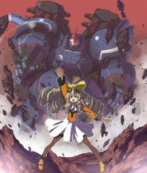 bow drill_hair glowing glowing_eye goggles goggles_on_head green_eyes grey_hair highres long_hair maria_balthasar mecha pantyhose robot seibzehn syope xenogears yellow_bow