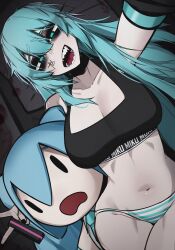 1girl ace_glitch alternate_costume alternate_hairstyle aqua_eyes aqua_hair aqua_necktie aqua_panties arm_out_of_frame bare_shoulders black_choker black_eyeshadow black_nails black_sleeves black_sports_bra breasts choker cleavage clothes_writing collarbone commentary constricted_pupils dark_background detached_sleeves dutch_angle english_commentary eyeshadow hair_between_eyes hatsune_miku highres holding holding_stuffed_toy large_breasts long_hair looking_at_viewer makeup messy_hair navel necktie open_mouth panties sharp_teeth solo sports_bra striped_clothes striped_panties stuffed_toy teeth thighs two-tone_panties underwear underwear_writing v very_long_hair vocaloid white_panties