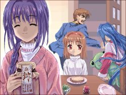 Rule 34 | 1boy, 3girls, ^ ^, aizawa yuuichi, akiko jam, blue hair, blush stickers, braid, bread, brown hair, cardigan, closed eyes, closed eyes, food, hair intakes, hairband, jam, kanon, keropi, keropii, key (company), long hair, long sleeves, minase akiko, minase nayuki, mother and daughter, multiple girls, mutsuki (moonknives), oekaki, purple hair, red eyes, school uniform, serafuku, short hair, single braid, sweater, tsukimiya ayu, turtleneck, v-neck, very long hair, yuuichi (reductionblack)