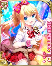 Rule 34 | 1girl, blonde hair, blue background, blue eyes, bow, brown sweater, card, character name, chloe lemaire, dancing, day, girlfriend (kari), jewelry, long hair, necklace, official art, open mouth, outdoors, pink bow, plaid clothes, plaid skirt, qp:flapper, red bow, red neckwear, red skirt, school uniform, shirt, skirt, smile, solo, sweater, tagme, tied sweater, white shirt