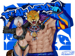 Rule 34 | 1boy, 1girl, abs, angel (kof), animal ears, animal head, backless pants, bara, blue eyes, bra, breasts, chaps, cleavage, crop top, cropped jacket, fingerless gloves, gloves, hair over one eye, highres, horns pose, index fingers raised, jacket, jaguar, jaguar boy, jaguar ears, jaguar tail, king (tekken), large breasts, large pectorals, leather, leather jacket, looking at viewer, luchador, mexico, midriff, muscular, muscular male, navel, nipples, panties, pants, pectorals, short hair, smile, snk, solo, strapless, strapless bra, tail, tekken, tekken 8, the king of fighters, the king of fighters xiv, toned, toned female, topless male, underwear, white hair, wrestler, wrestling, wrestling outfit, zoeragez