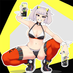 Rule 34 | 1girl, animal ears, assha (schector), beer can, bikini, black background, black bikini, black boots, black nails, boots, breasts, can, cat ears, cleavage, commentary request, drink can, fingernails, frilled bikini, frills, full body, grey background, grey hair, grin, hair ornament, hairclip, highres, holding, holding can, kaguya luna, large breasts, looking at viewer, multicolored background, navel, orange thighhighs, sharp teeth, short hair, smile, solo, squatting, strong zero, swimsuit, teeth, the moon studio, thighhighs, two side up, virtual youtuber, yellow background