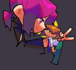 Rule 34 | 2boys, advanced nurturing high school uniform, ayanokouji kiyotaka, black background, black shirt, blue necktie, brown eyes, brown footwear, brown hair, chibi, chibi only, closed mouth, collared shirt, green pants, hand up, long sleeves, looking at another, looking down, looking up, male focus, multiple boys, necktie, pants, picking up, ponytail, purple eyes, purple hair, ryuuen kakeru, school uniform, shirt, short hair, smile, white shirt, yaoi, yizhongziwei, youkoso jitsuryoku shijou shugi no kyoushitsu e