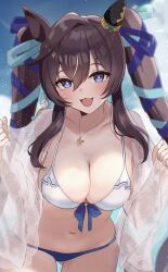 1girl absurdres bent_over bikini blue_eyes blue_sky blush breasts bright_pupils brown_hair cleavage ear_covers front-tie_bikini_top front-tie_top hanging_breasts highres horse_girl jewelry kaniitama large_breasts long_hair looking_at_viewer multicolored_bikini multicolored_hair navel necklace open_mouth outdoors see-through_clothes sky smile solo streaked_hair swimsuit twintails two-tone_bikini umamusume vivlos_(umamusume) white_hair white_pupils
