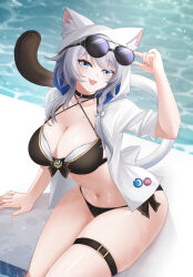 Rule 34 | 1girl, animal ear fluff, animal ears, bell, belt, bikini, black bikini, blue eyes, bow, breasts, cat ears, cat girl, cat tail, cipher (honkai: star rail), cleavage, eyewear on head, fangs, grey hair, hair bow, highres, honkai: star rail, honkai (series), hood, hooded jacket, jacket, mole, mole on chest, navel, neck bell, open clothes, open jacket, rika ryne, sleeves rolled up, sunglasses, swimsuit, tail, thigh belt, thigh strap, twitter username, wet, white bow, white jacket, yellow nails