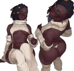 Rule 34 | 1girl, absurdres, ass, asymmetrical hair, backless outfit, black hair, breasts, collage, colored sclera, commentary, cornrows, cropped sweater, dark-skinned female, dark skin, detached sleeves, dreadlocks, earrings, english commentary, gem, glowing, glowing eyes, green eyes, green gemstone, green sclera, hair tubes, highres, invisible chair, jewelry, league of legends, medium breasts, meme attire, navel, no bra, panties, ribbed panties, ribbed sleeves, senna (league of legends), short hair, sitting, solo, sweater, thong, treslech3s, turtleneck, turtleneck sweater, underboob, underwear, very dark skin, virgin destroyer sweater, white background, white sleeves, white sweater