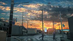 2boys bag banakotakemaru blue_sky building car cloud cloudy_sky crosswalk fence gradient_sky highres motor_vehicle multiple_boys orange_sky original outdoors power_lines road_sign scenery shoulder_bag sign sky speed_limit_sign traffic_light utility_pole walking wide_shot