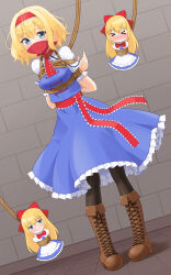 1girl alice_margatroid bdsm blonde_hair blue_dress blue_eyes bondage boots bound dress dutch_angle gag hairband highres looking_at_viewer mukanata pantyhose red_hairband restrained shanghai_doll shibari solo touhou