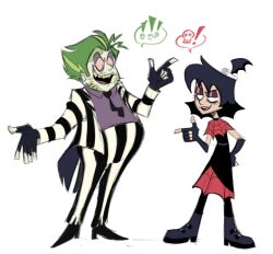 ! !! 1boy 1girl beetlejuice beetlejuice_(character) black_eyes black_footwear black_hair black_necktie black_skirt blonde_hair blue_socks book breasts bug character_name cleavage collared_shirt colored_sclera colored_teeth eyeshadow fang fat fat_man fingernails formal_clothes green_teeth jacket kirukrono looking_at_another loose_necktie lydia_deetz makeup medium_hair multicolored_jacket necktie older_man_and_younger_girl open_mouth pale_skin pants pointing purple_eyeshadow shirt simple_background skirt smile socks striped_suit suit thighhighs toon_(style) two-tone_jacket two-tone_pants white_background white_shirt yellow_sclera