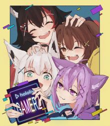 4girls :3 :d animal_ear_fluff animal_ears aqua_eyes black_hair blush border brown_hair cat_girl closed_eyes dog_girl english_text facing_viewer fang fox_girl hair_between_eyes hair_ornament halftone highres holding holding_sign hololive hololive_gamers inugami_korone looking_at_viewer multicolored_hair multiple_girls nekomata_okayu one_eye_closed ookami_mio open_mouth outside_border purple_eyes purple_hair sabamiso113 shirakami_fubuki sign smile teeth upper_teeth_only virtual_youtuber white_hair wolf_girl x_hair_ornament yellow_border