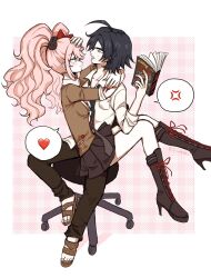 1boy 1girl ahoge anger_vein black_boots black_hair black_necktie black_skirt book boots bow brown_jacket brown_pants danganronpa danganronpa/zero danganronpa:_trigger_happy_havoc danganronpa_(series) enoshima_junko fue_(flute032) hair_bow hair_ornament heart highres holding holding_book jacket knee_boots long_hair matsuda_yasuke necktie pants pleated_skirt rabbit_hair_ornament red_bow sandals shirt short_hair skirt speech_bubble spoken_anger_vein spoken_heart twintails white_shirt