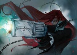 1boy aiming aya_draws bandage_on_face bandage_over_one_eye bandages black_coat black_gloves blue_background brown_eyes chain coat cross cross_marian cross_necklace d.gray-man determined ear_piercing floating_hair fog glasses gloves green_background gun holding holding_chain holding_gun holding_weapon jewelry long_hair looking_ahead male_focus mature_male necklace one_eye_covered piercing red_hair shirt sidelocks smoke solo weapon white_shirt