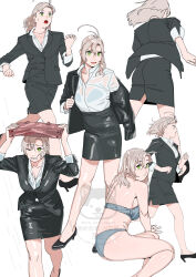 1girl absurdres alternate_costume antenna_hair black_jacket black_skirt blazer bra collared_shirt dress_shirt formal_clothes full_body green_eyes grey_bra grey_hair grey_panties highres jacket kantai_collection kinugasa_(kancolle) kinugasa_kai_ni_(kancolle) long_hair long_sleeves multiple_views official_art ojipon panties pencil_skirt running shirt simple_background skirt skirt_suit suit underwear undressing watermark wet wet_clothes white_background white_shirt