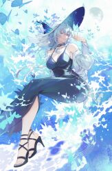 1girl absurdres bare_shoulders black_sandals blue_butterfly blue_dress blue_hair blue_hat blue_nails breasts bug butterfly collarbone colored_eyelashes commentary dress hand_up hat high_heel_sandals highres insect large_breasts long_hair nail_polish official_alternate_costume parted_lips purple_eyes sagi_(sagi_0116) sandals shorekeeper_(wuthering_waves) solo symbol-only_commentary toenail_polish toenails toes wuthering_waves