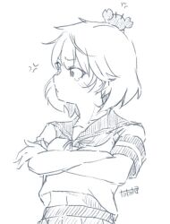 1girl animal animal_on_head artist_name commentary_request crab crab_on_head crossed_arms kantai_collection looking_to_the_side monochrome oboro_(kancolle) on_head sailor_collar sailor_shirt school_uniform serafuku shirt short_hair tatahai upper_body